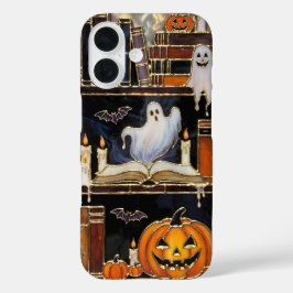 ハロウィンの本棚スマホケース 幽霊 カボチャ かわいいデザイン iPhone 16ケース