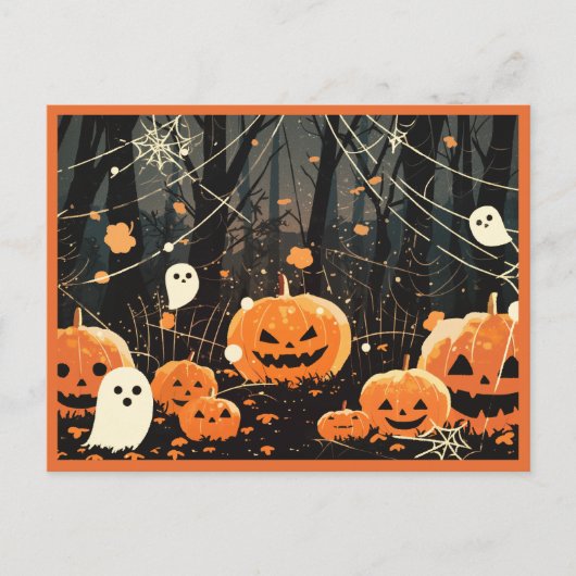 ハロウィンの森のジャック・オ・ランタンと幽霊 ポストカード (正面)