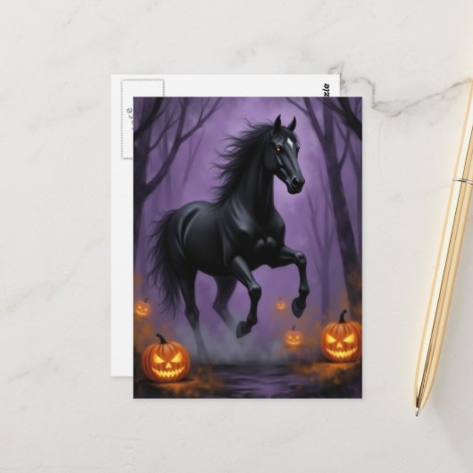 ハロウィンの森の黒馬 ポストカード (正面/裏面インサイチュ)