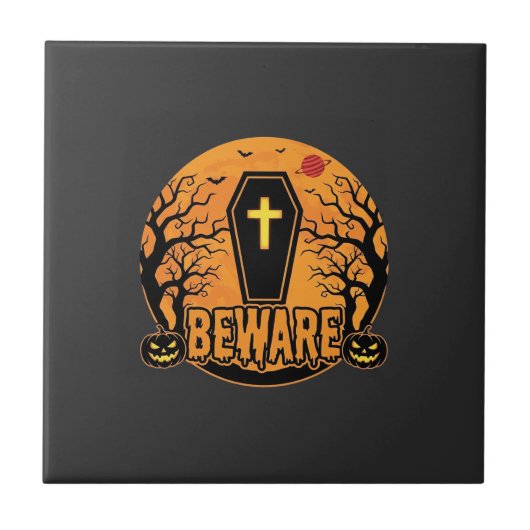 ハロウィンの棺桶、パンプキンにご用心 ホラー デザイン_1 タイル (正面)