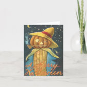 ハロウィンの楽しいコーンパンプキンかかしビンテージ カード (正面)