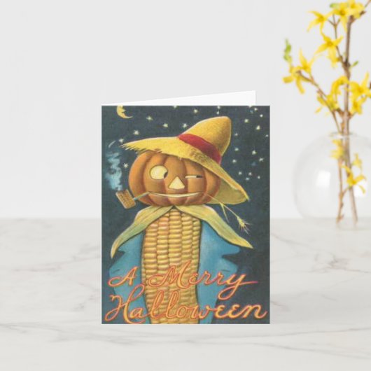 ハロウィンの楽しいコーンパンプキンかかしビンテージ カード (黄色い花)