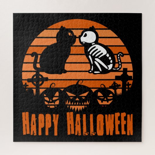 ハロウィンの楽しいスケルトン猫レトロな夕焼け ジグソーパズル (縦)