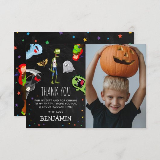 ハロウィンの楽しい子供の誕生日パーティーの写真 サンキューカード (正面/裏面)