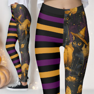 ハロウィンの楽しい魔女ねこ紫の縞模様のパンプキン レギンス