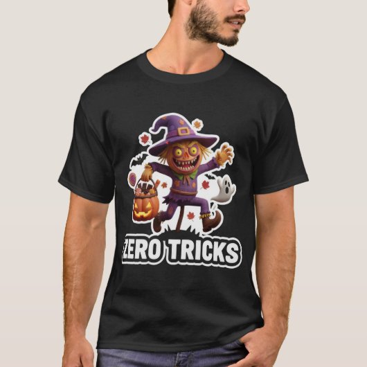 ハロウィンの楽しみのためのお菓子を持ったかかし Tシャツ (正面)