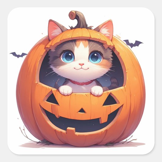 ハロウィンの楽しみ かぼちゃの中の子猫 🎃 スクエアシール (正面)