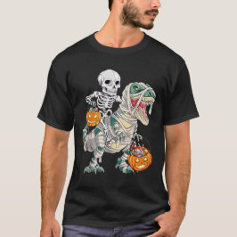 ハロウィンの楽しみ ミイラの背に乗る恐竜 ティラノサウルスのスケルトン Tシャツ