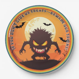ハロウィンの毛むくじゃらの小さなモンスターのトリック・オア・トリート ペーパープレート