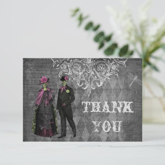 ハロウィンの気色悪い花嫁及び新郎は結婚式感謝していしています サンキューカード (スタンド正面)