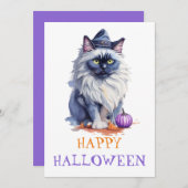 ハロウィンの水彩画ビルマ猫が魔女の帽子をかぶった姿 シーズンカード (正面/裏面)