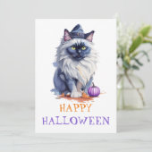 ハロウィンの水彩画ビルマ猫が魔女の帽子をかぶった姿 シーズンカード (スタンド正面)