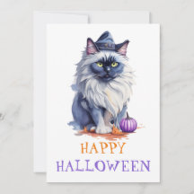 ハロウィンの水彩画ビルマ猫が魔女の帽子をかぶった姿