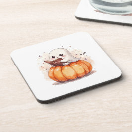 ハロウィンの水彩画 - カボチャの上で本を読むかわいいオバケ コースター