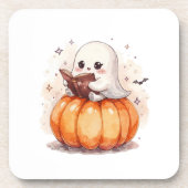 ハロウィンの水彩画 - カボチャの上で本を読むかわいいオバケ コースター (正面)