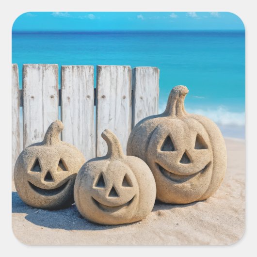 ハロウィンの海岸 砂のジャック・オ・ランタン スクエアシール (正面)