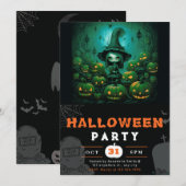 ハロウィンの満月と魔女のジャック・オ・ランタン 招待状 (正面/裏面)