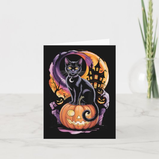 ハロウィンの満月下でかぼちゃと一緒にいる黒猫 カード (正面)