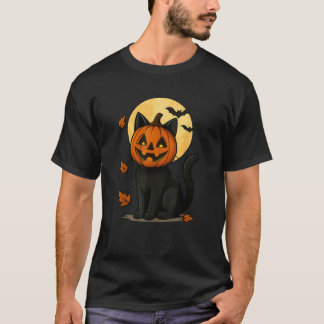 ハロウィンの満月下のカボチャのお面の黒猫 Tシャツ