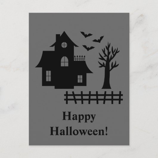 ハロウィンの灰色の家のシルエット 怪奇コウモリ ポストカード (正面)