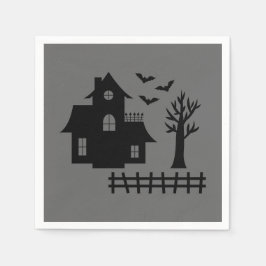 ハロウィンの灰色の背景にコウモリと木があるお化け屋敷 スタンダードカクテルナプキン
