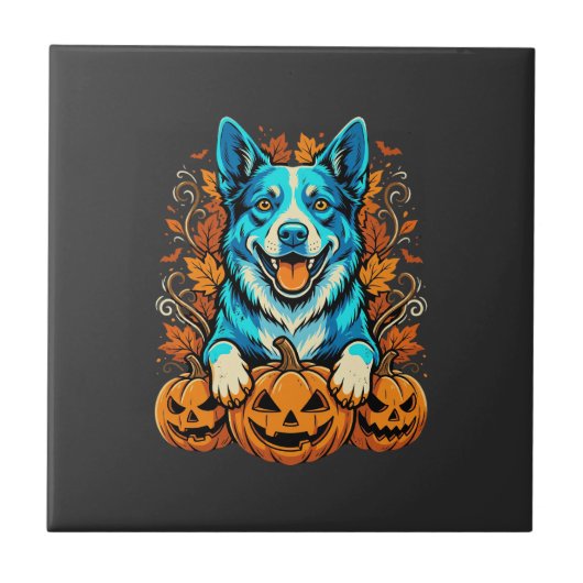 ハロウィンの犬とジャック・オ・ランタン・パンプキン_1 タイル (正面)