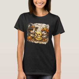 ハロウィンの犬と猫が赤ちゃん鳥に餌をあげるスケッチ Tシャツ
