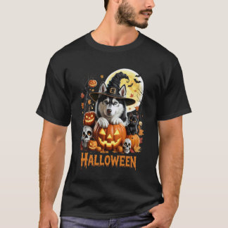 ハロウィンの犬と猫のかぼちゃデザイン Tシャツ