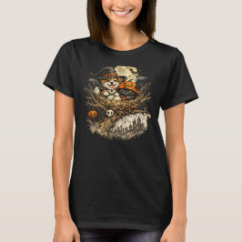 ハロウィンの犬と猫の居心地の良い鳥の巣作り Tシャツ