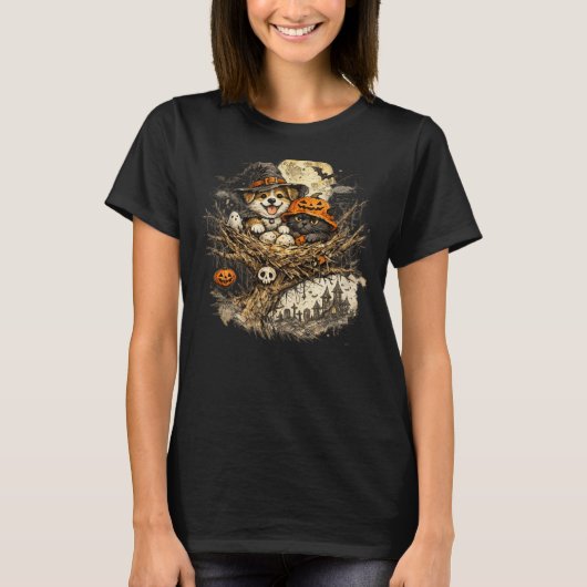 ハロウィンの犬と猫の居心地の良い鳥の巣作り Tシャツ (正面)