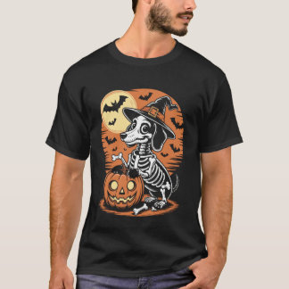 ハロウィンの犬のスケルトンデザイン 怖いおばけ Tシャツ