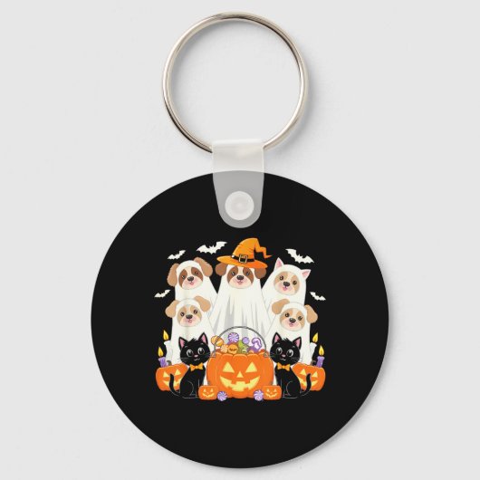 ハロウィンの犬の幽霊コスプレ 楽しいハロウィンの犬 キーホルダー (正面)
