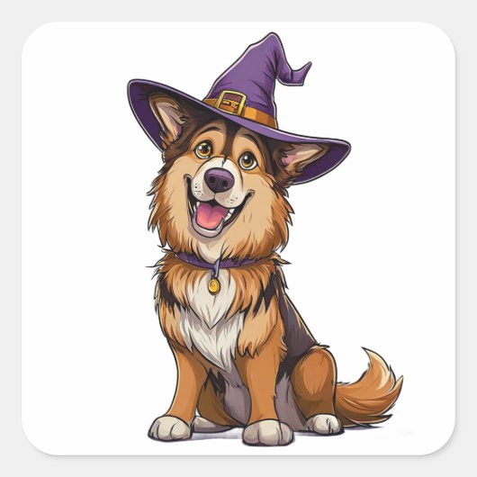 ハロウィンの犬の紫の魔法使いの帽子 スクエアシール (正面)