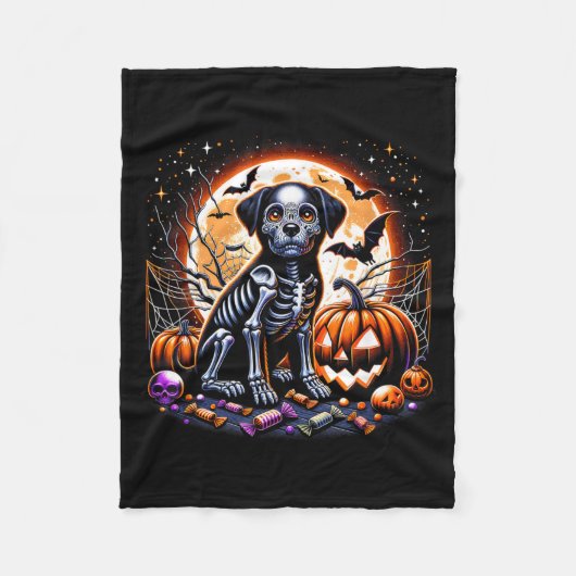 ハロウィンの犬の骨格 フリースブランケット (正面)
