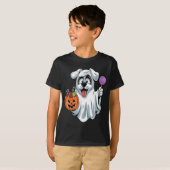 ハロウィンの犬 かぼちゃのキャンディバスケットを持った幽霊犬 Tシャツ (正面フル)