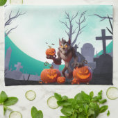 ハロウィンの狼男とかぼちゃ キッチンタオル (折り畳み)