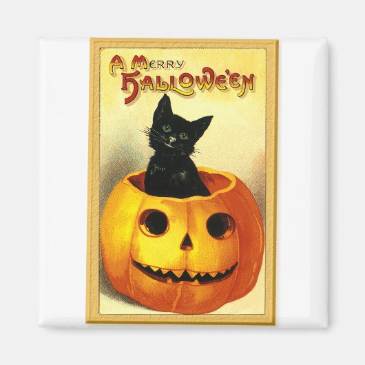 ハロウィンの猫がジャック・オ・ランタンに座っている マグネット (正面)