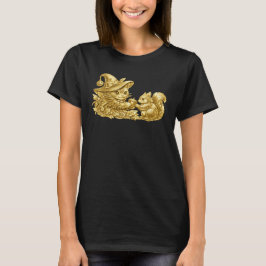 ハロウィンの猫がリスにどんぐりをあげる ゴールドホイル Tシャツ