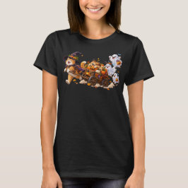 ハロウィンの猫が犬が寝ている間にカボチャの馬車を引く Tシャツ