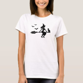 ハロウィンの猫とコウモリと箒の魔女 Tシャツ