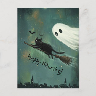 ハロウィンの猫と幽霊のいたずら ポストカード