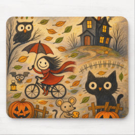 ハロウィンの猫と自転車の少女 マウスパッド