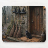 ハロウィンの猫と魔女の箒 マウスパッド (正面)