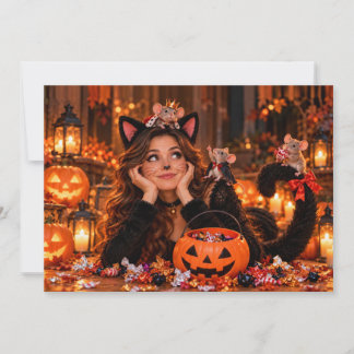 ハロウィンの猫のコスプレとネズミのカード シーズンカード