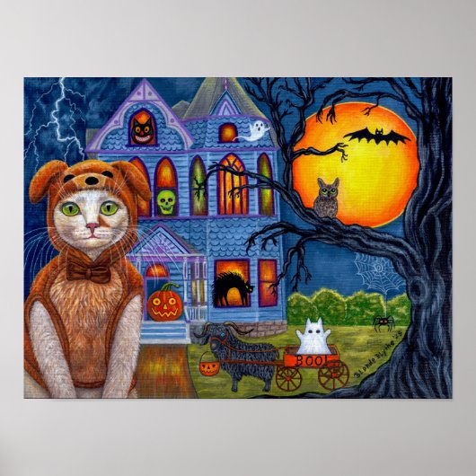 ハロウィンの猫の犬のコスチューム 幽霊のヴィクトリア朝の家 ポスター (正面)