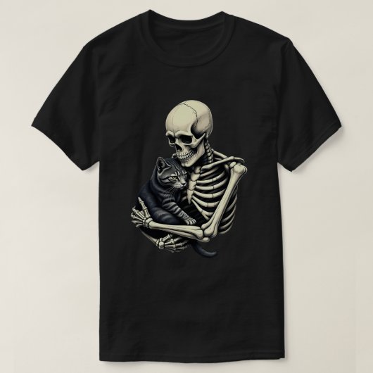 ハロウィンの猫好きさんに!骸骨に抱かれる猫 Tシャツ (デザイン正面)
