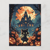 ハロウィンの猫娘とお化け屋敷 ポストカード (正面)