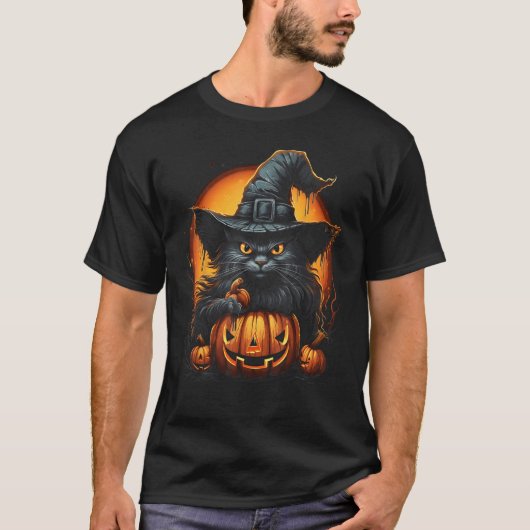 ハロウィンの猫+魔女の帽子+カボチャ Tシャツ (正面)