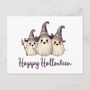 ハロウィンの白い魔女の帽子をかぶった3匹の幽霊 Happy Halloween シーズンポストカード