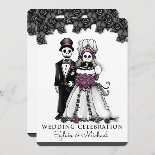ハロウィンの白黒の紫色の骨組カップル 招待状 (正面/裏面)